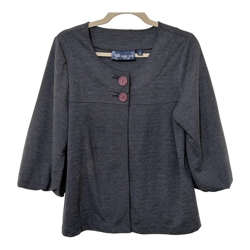Susan Graver Women's 2 Button Cardigan Top Sweater M Gray Wide Sleeve Layering